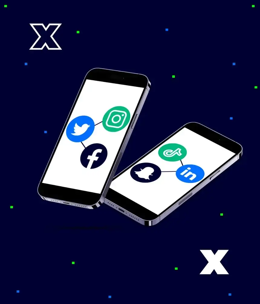 two iphones on a dark blue background with LoudLocal branded dotted effects and X's in each corner. The iphones have different diagrams of social media platforms linked together to symbolise the importance of digital content and social media marketing