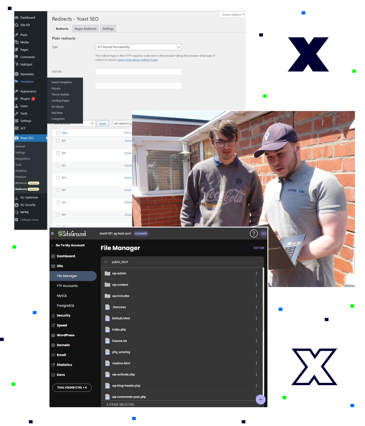 Technical SEO image showing redirects using Yoast SEO on Wordpress, Siteground dashboard showing in dark mode showing the file manager too.  Toby and Michael talking about e-commerce outside of the LoudLocal office. 